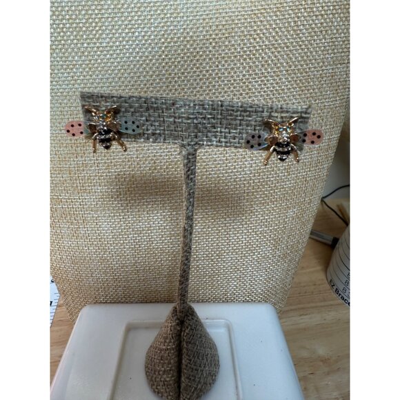 Betsey Johnson Bumble Bee Stud Earrings With Pink & Blue Polka Dot Wings - Picture 11 of 11